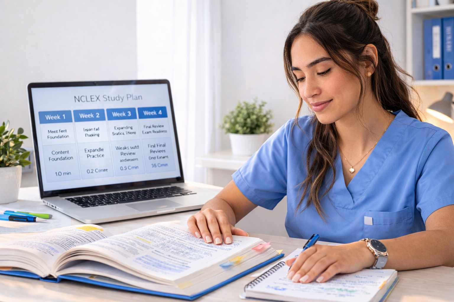 Beginner nursing student organized at a desk learning what to study for NCLEX with review books and laptop 2026