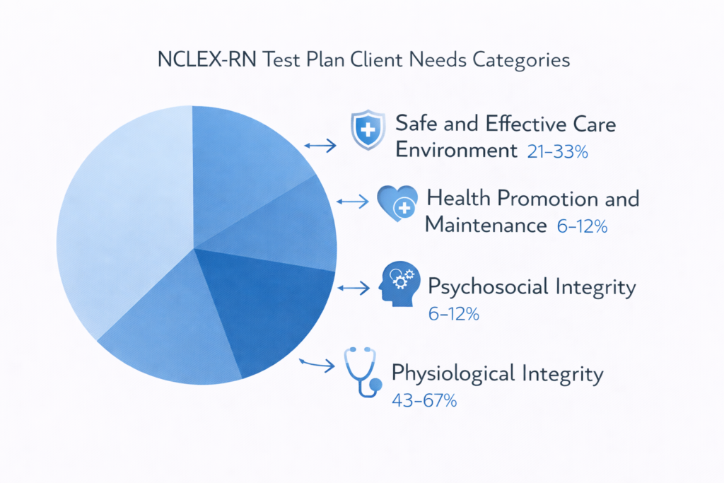 NCLEX test plan content categories with percentage weights showing what to study for NCLEX by priority