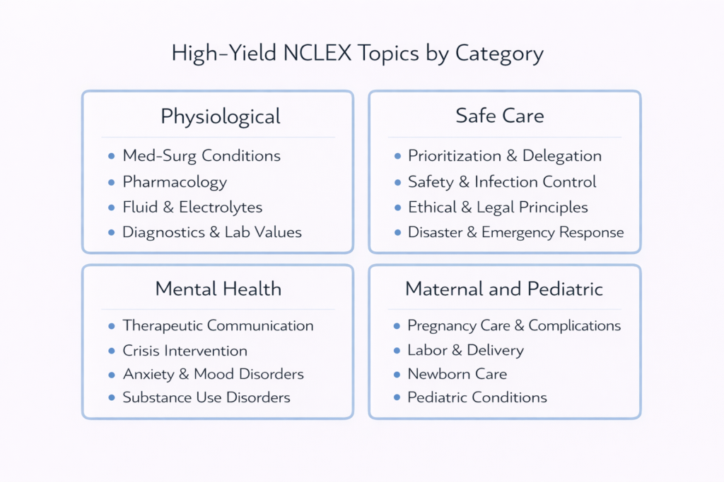 High-yield topic clusters by NCLEX category showing what to study for NCLEX across all four content areas