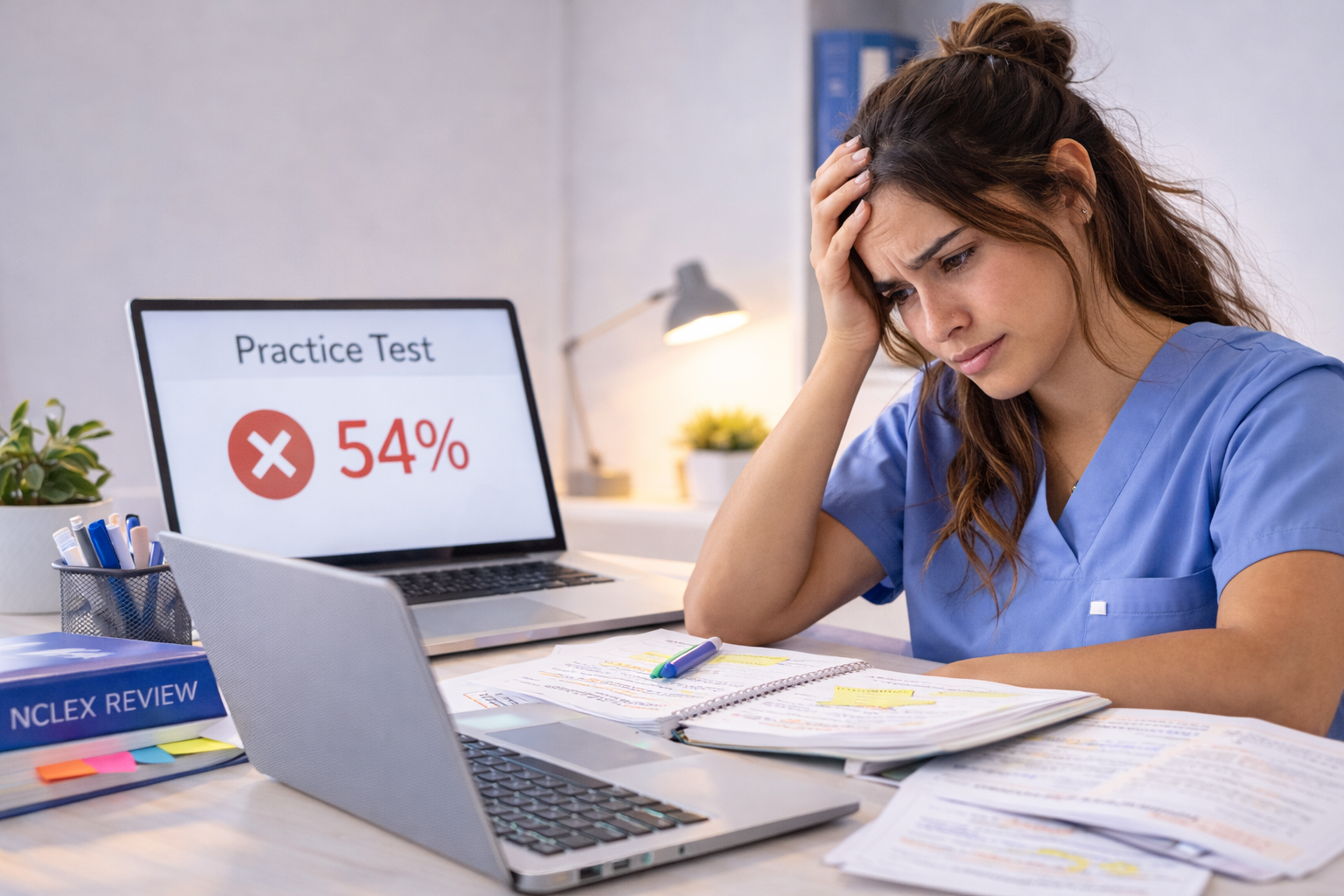 Frustrated nursing student at a disorganized desk illustrating common NCLEX study mistakes in 2026
