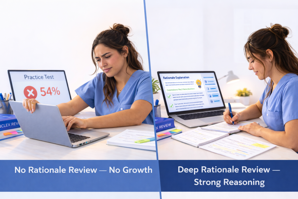 Comparison graphic showing the difference between skipping and reviewing rationales as a key NCLEX study mistake