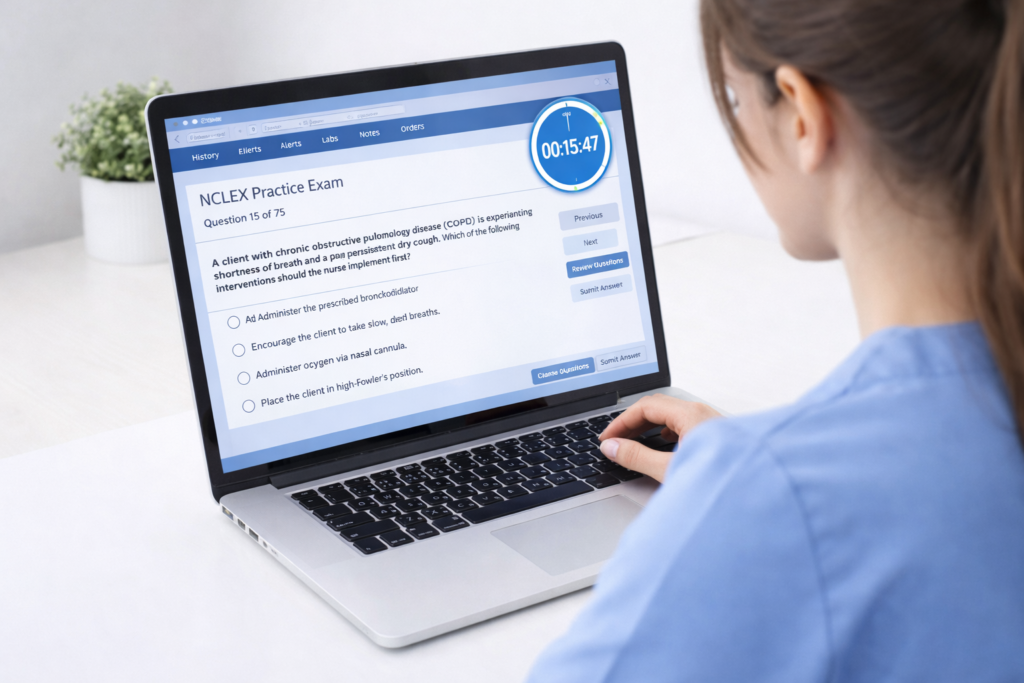 Nursing student practicing under simulated NCLEX exam conditions to avoid a critical NCLEX study mistake