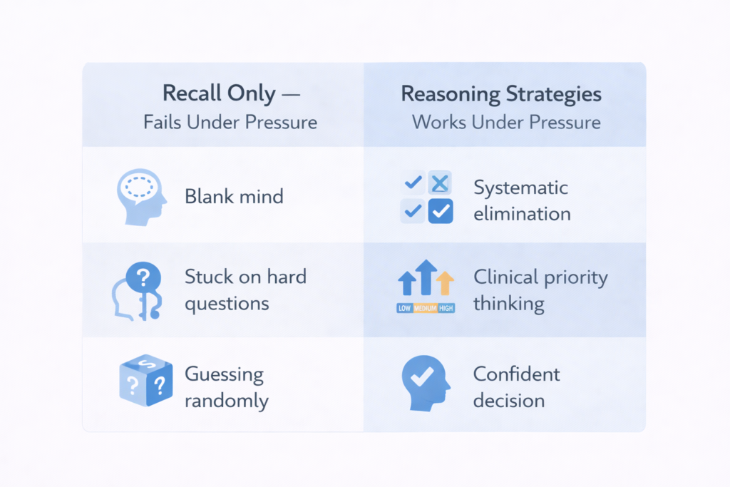 Comparison graphic showing recall-only approach versus NCLEX question strategies for answering under pressure