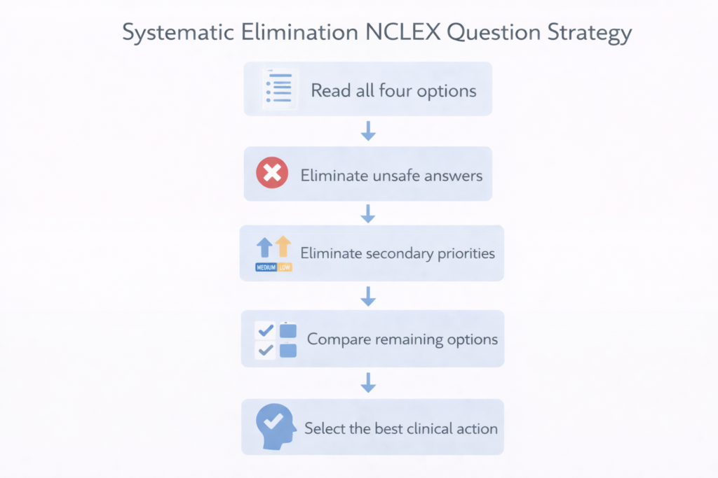 Flowchart illustrating the systematic elimination process as one of the core NCLEX question strategies