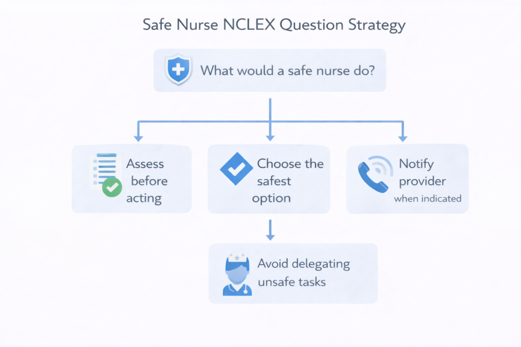 Decision tree graphic showing the safe nurse framework as one of the core NCLEX question strategies for 2026