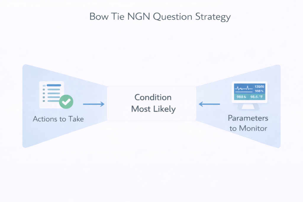 Bow tie diagram graphic illustrating the center-first NCLEX question strategy for NGN bow tie format questions