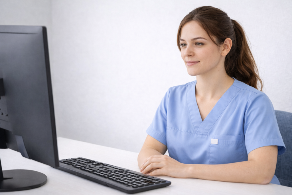 Confident nursing student applying NCLEX question strategies with calm focus at a computer testing station 2026