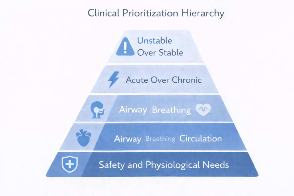 Clinical priority hierarchy pyramid for answering NCLEX prioritization questions correctly on exam day 2026