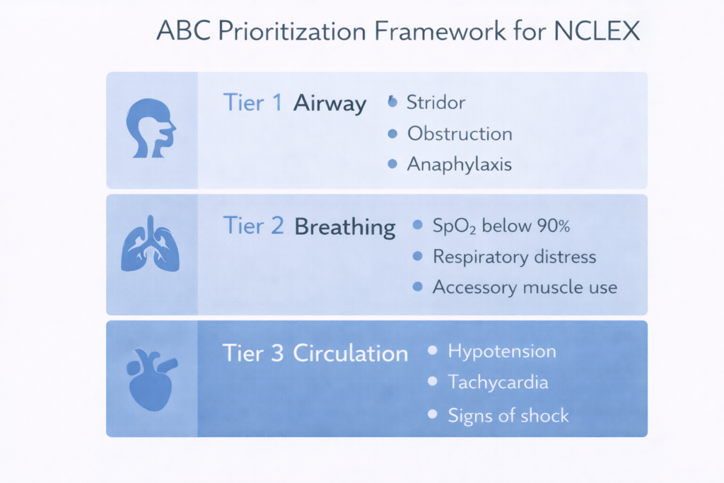 Three-tier ABC prioritization framework graphic for NCLEX prioritization questions showing airway breathing circulation order