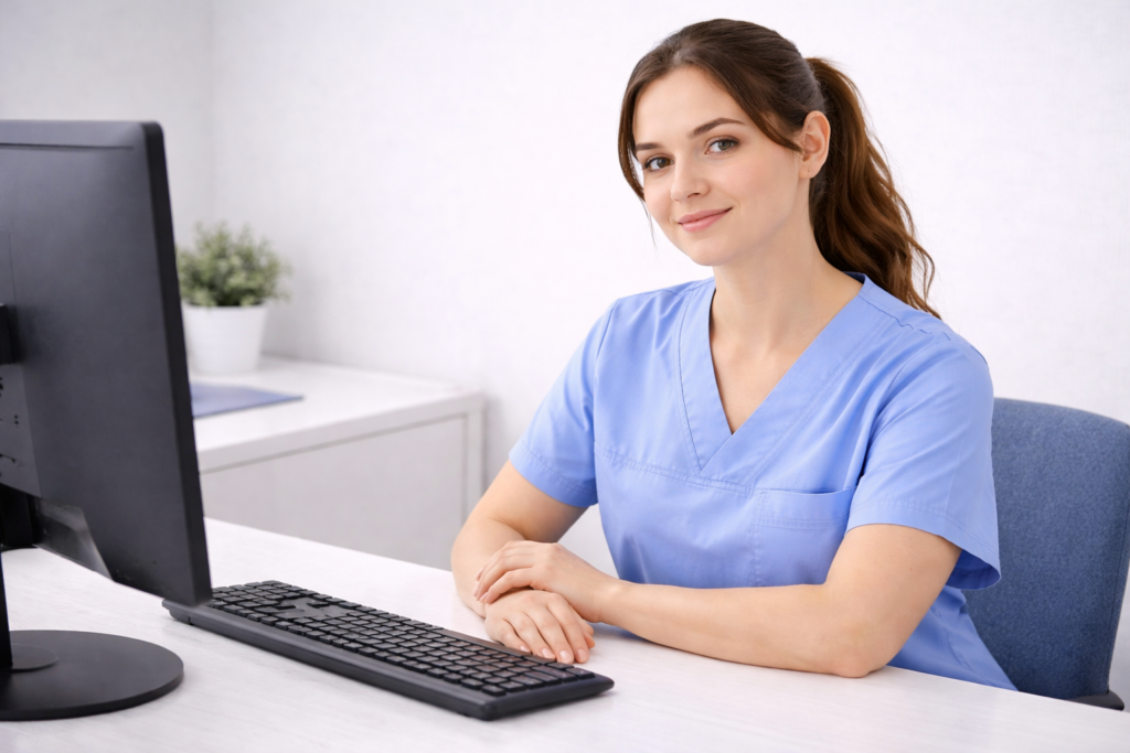 Confident nursing student completing NCLEX prioritization questions at a testing station with calm clinical focus 2026