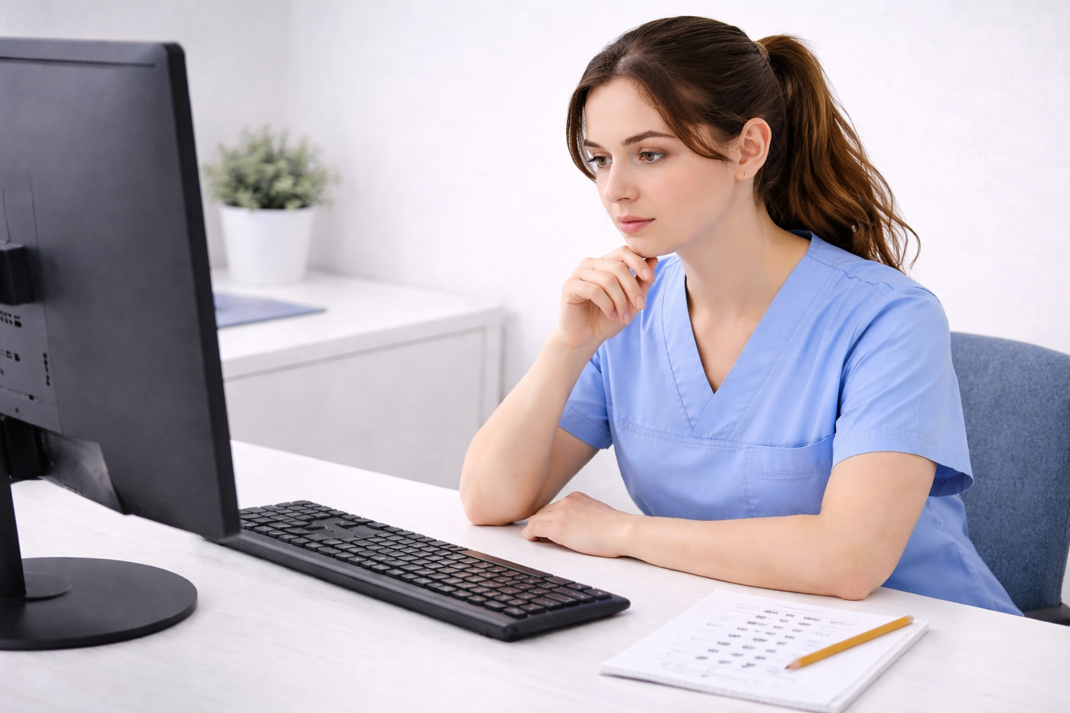 Nursing student applying NCLEX process of elimination at a testing station crossing out wrong answer choices in 2026