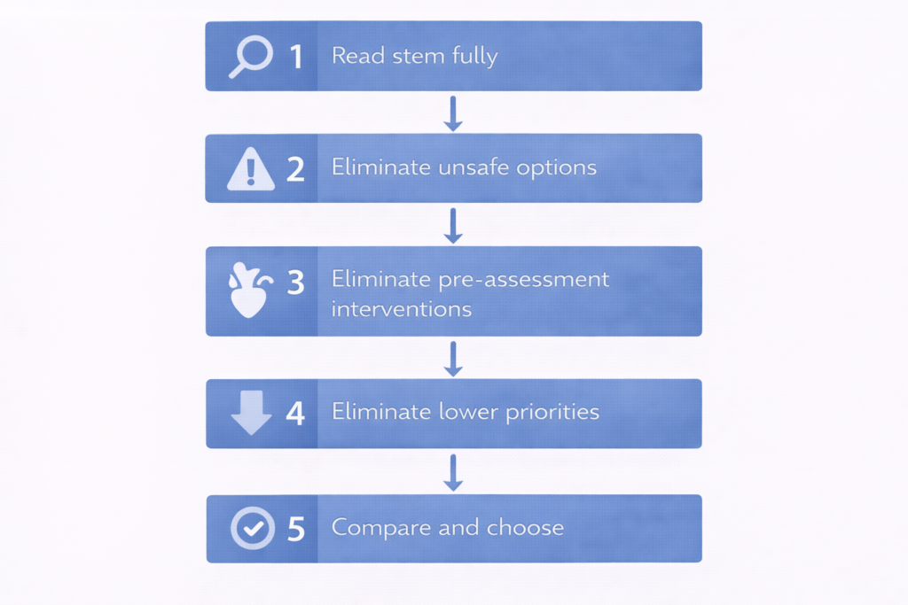 Five-step flowchart of the NCLEX process of elimination strategy for narrowing answer choices in 2026