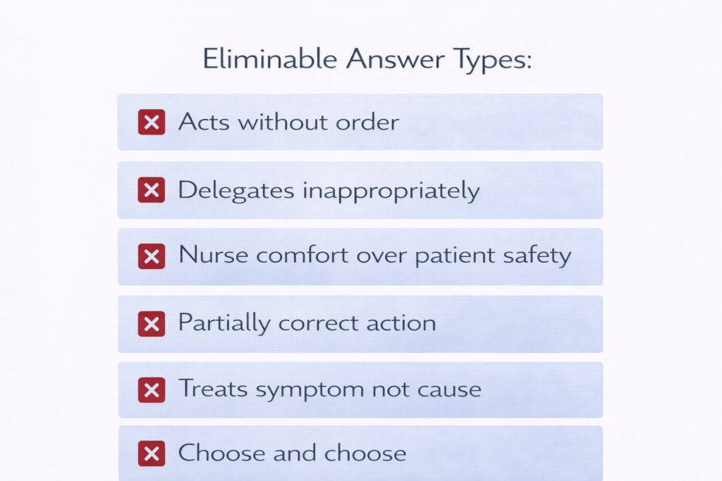 Elimination checklist graphic showing five types of wrong NCLEX answer choices to remove using process of elimination