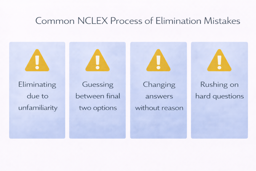 Four-panel graphic showing common mistakes students make when applying NCLEX process of elimination on exam day