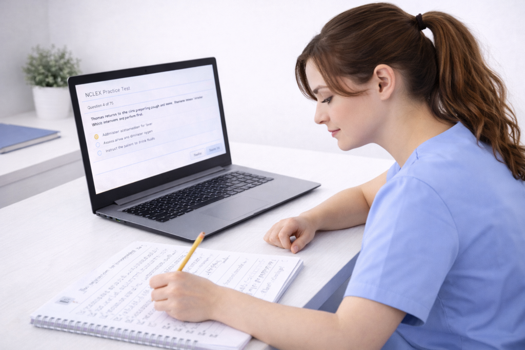 Nursing student practicing NCLEX process of elimination by writing reasoning notes beside each practice question in 2026