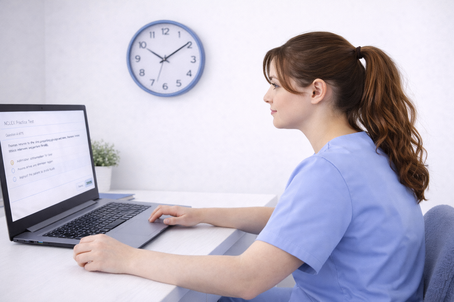 Nursing student managing time calmly at a computer testing station during the NCLEX exam in 2026