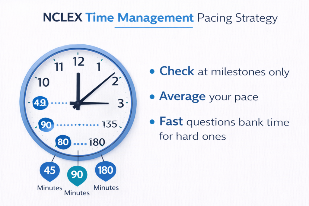 NCLEX time management pacing strategy graphic showing milestone checkpoints and averaging tips for exam day 2026