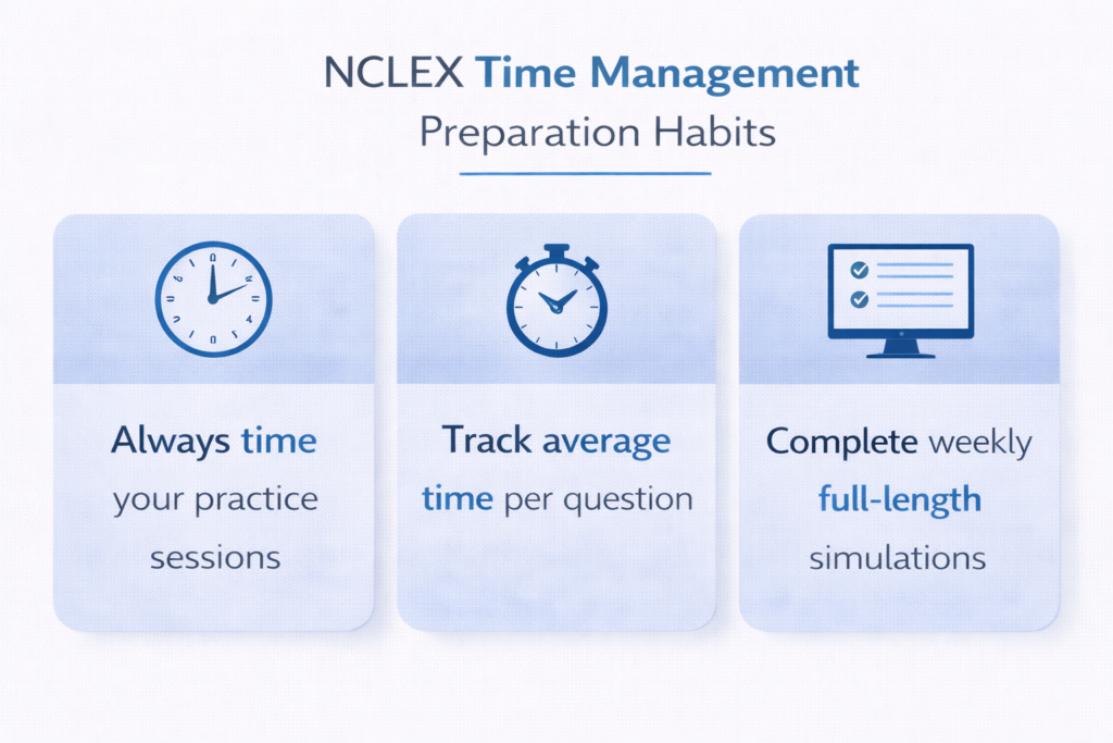 Three NCLEX time management preparation habits shown in labeled cards for building exam-day pacing skills in 2026