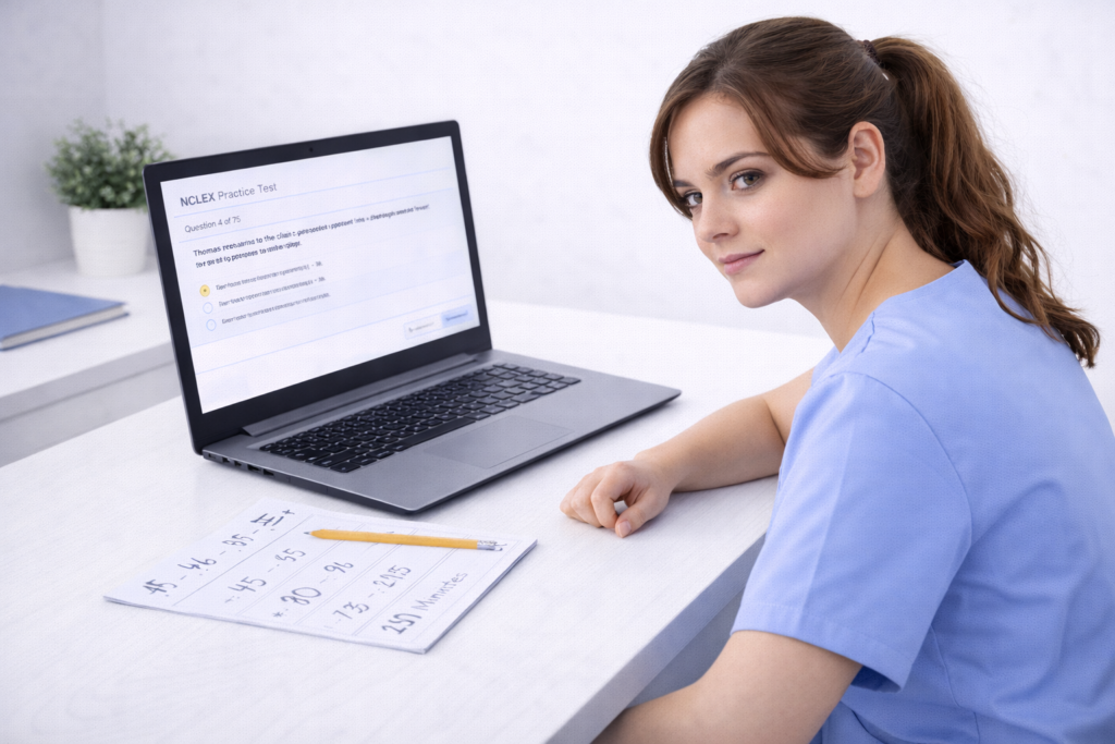 Confident nursing student with milestone checklist applying NCLEX time management strategy on exam day 2026