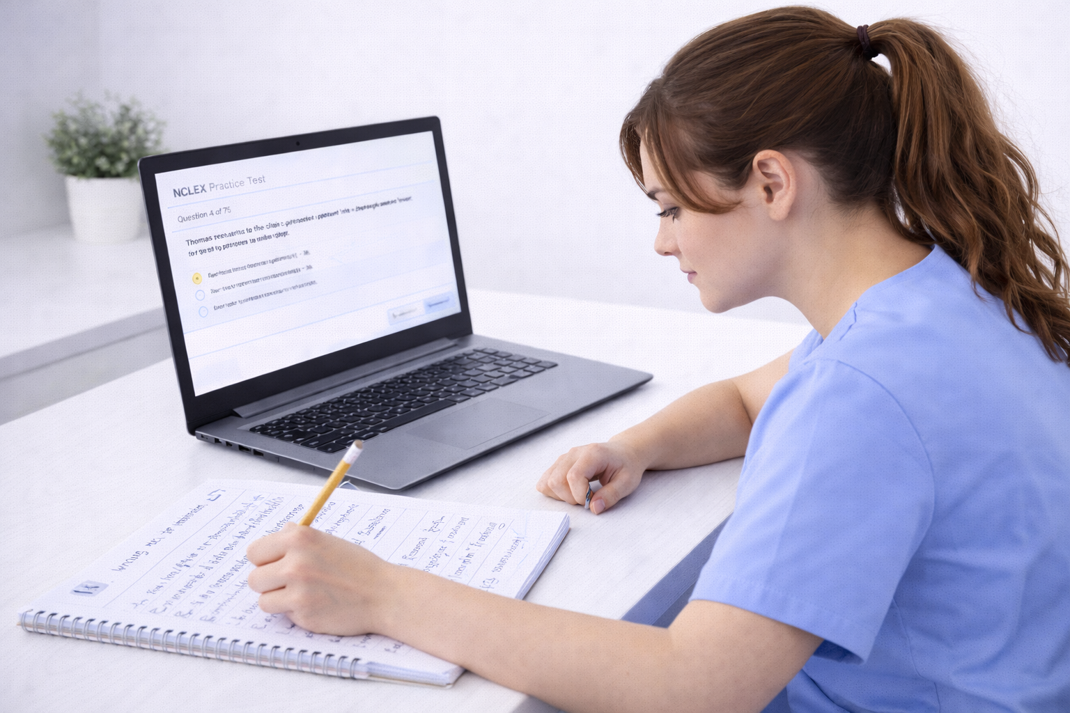 Nursing student working through NCLEX practice questions with rationale notes on a laptop and review book in 2026