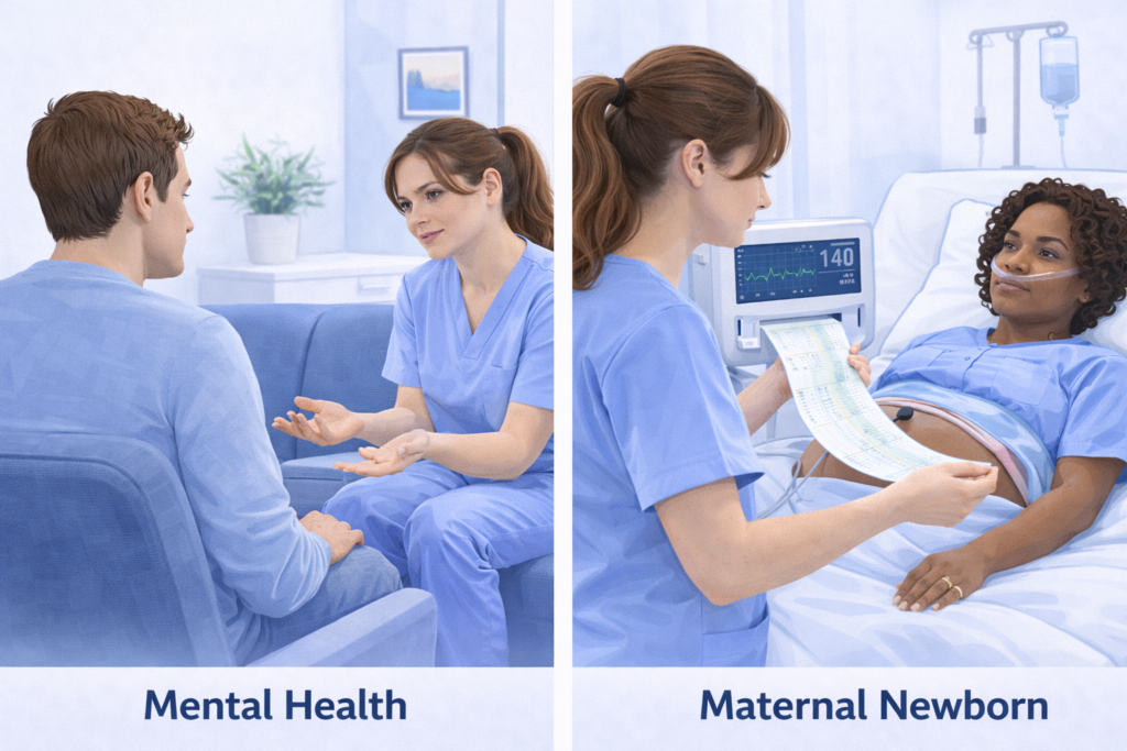 Split illustration of mental health and maternal newborn clinical scenarios for NCLEX practice questions review 2026