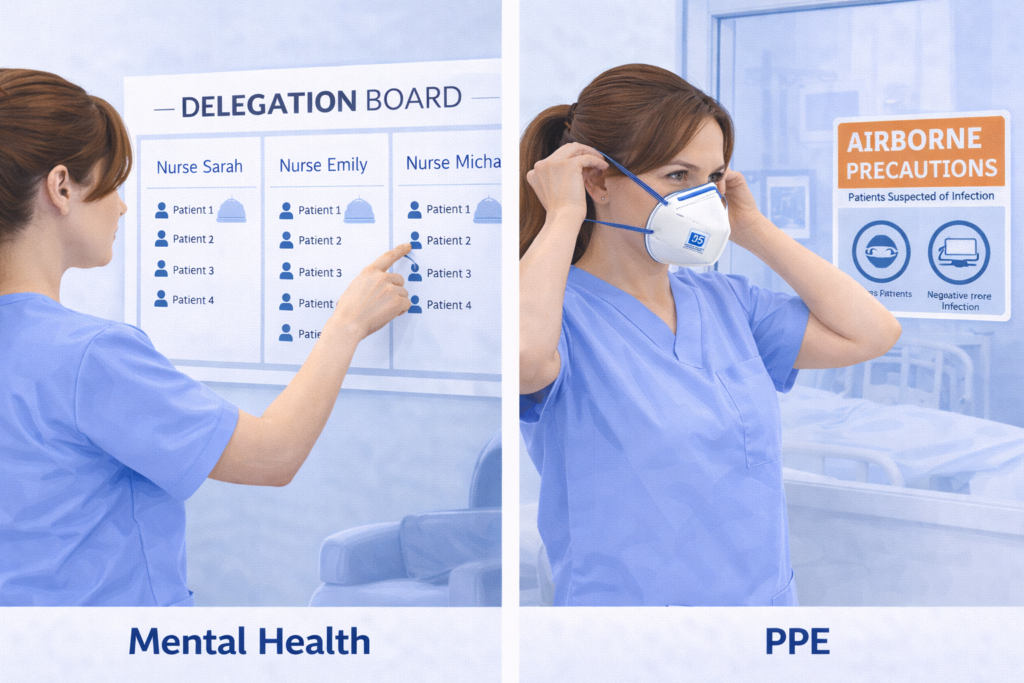 Split illustration of delegation and infection control clinical scenarios for NCLEX practice questions review 2026