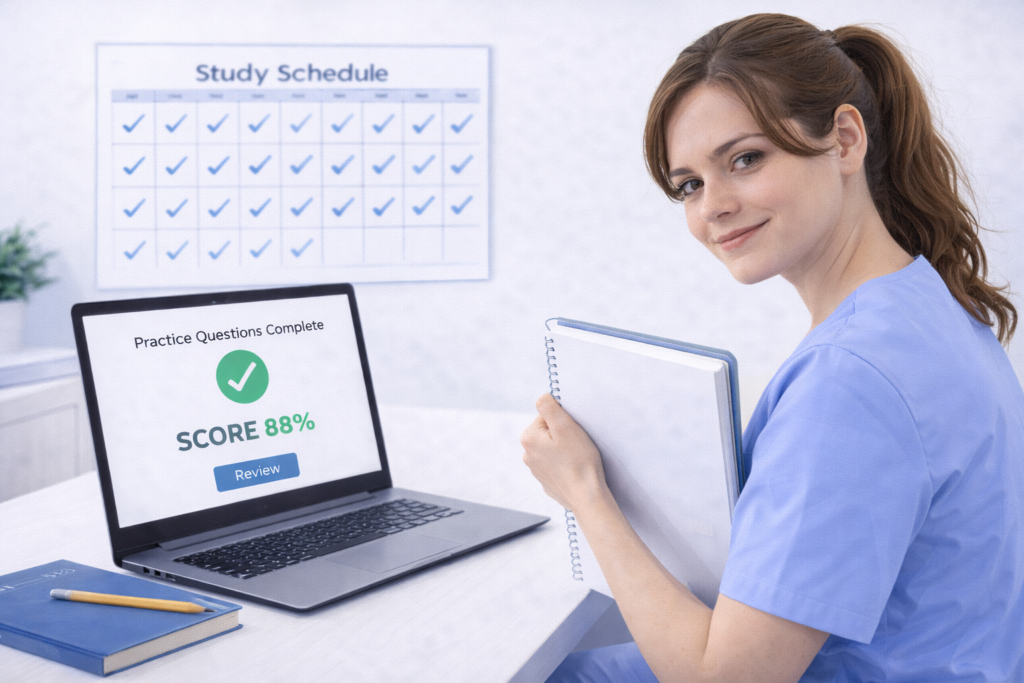 Confident nursing student finishing NCLEX practice questions with strong score and completed study calendar in 2026