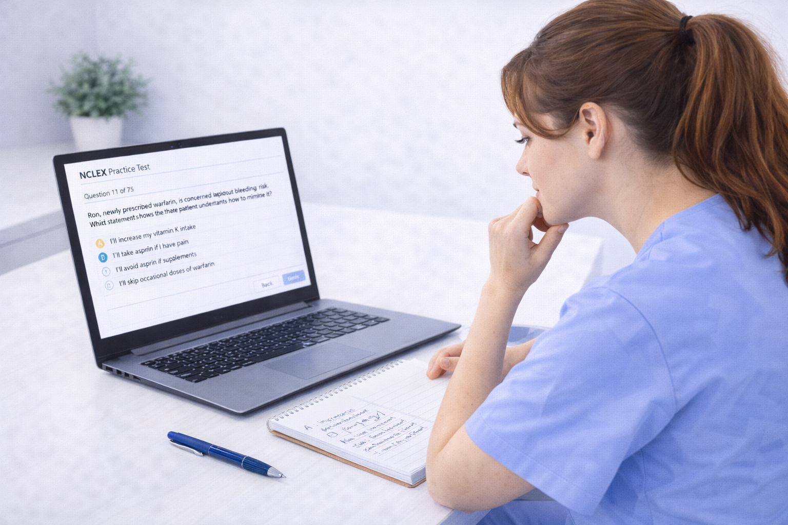 Nursing student doing deliberate NCLEX question practice with clinical reasoning notes on a laptop in 2026 Nursing student doing deliberate NCLEX question practice with clinical reasoning notes on a laptop in 2026