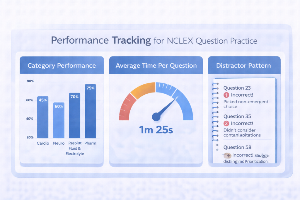Performance tracking dashboard graphic for NCLEX question practice showing category scores, time, and distractor patterns