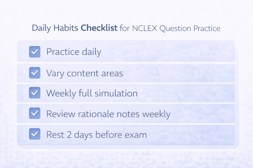Daily NCLEX question practice habits checklist showing five key routines for building exam readiness in 2026