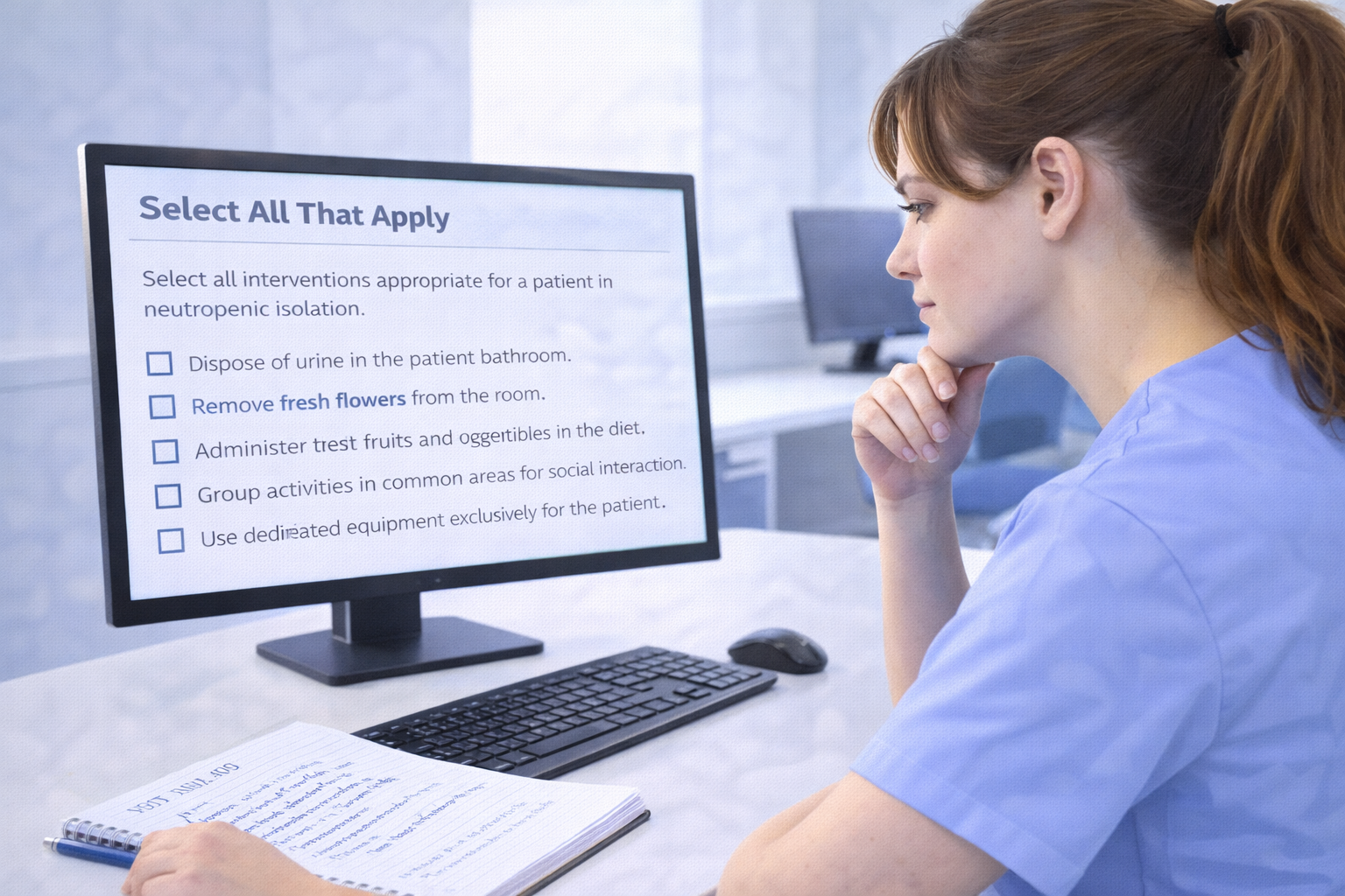 Nursing student methodically evaluating NCLEX SATA questions with five checkbox options on a computer screen in 2026