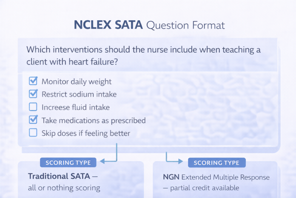 Infographic explaining the NCLEX SATA questions format with traditional all-or-nothing and NGN partial credit scoring