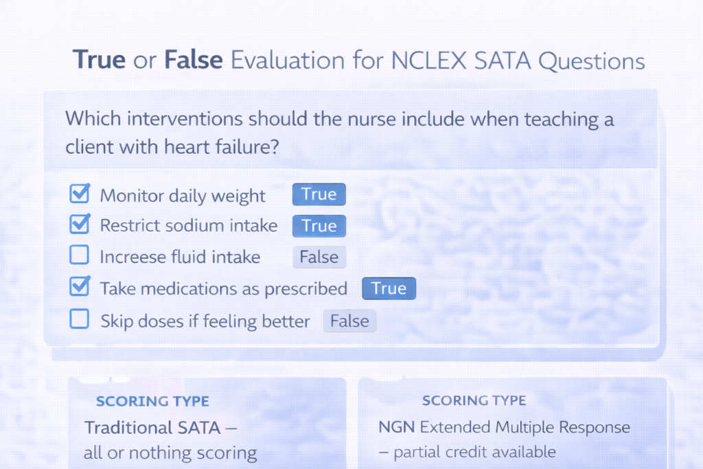 True or false independent evaluation method graphic for answering NCLEX SATA questions correctly on exam day 2026