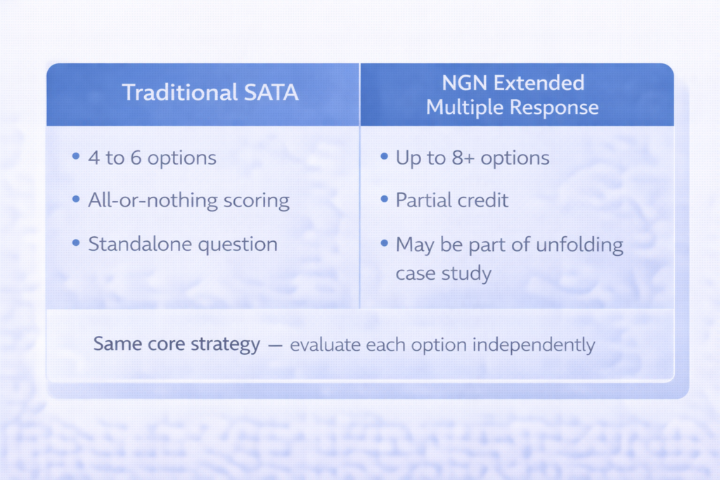 Comparison table of traditional NCLEX SATA questions versus NGN extended multiple response format and scoring
