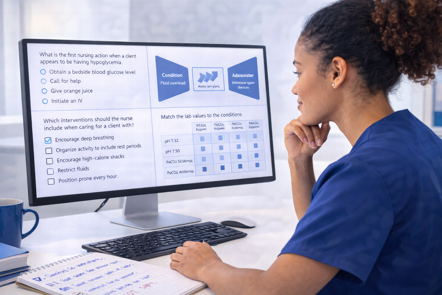 Nursing student confidently navigating multiple NCLEX question types on a computer testing station screen in 2026