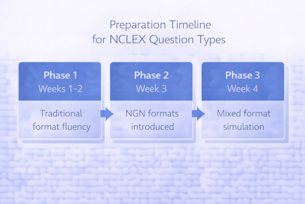 Three-phase preparation timeline for mastering all NCLEX question types from traditional to NGN formats in 2026