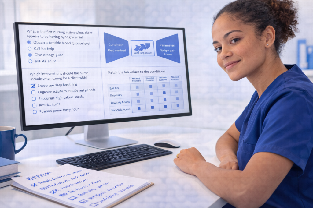 Confident nursing student prepared for all NCLEX question types with strategy notes at a computer testing station 2026