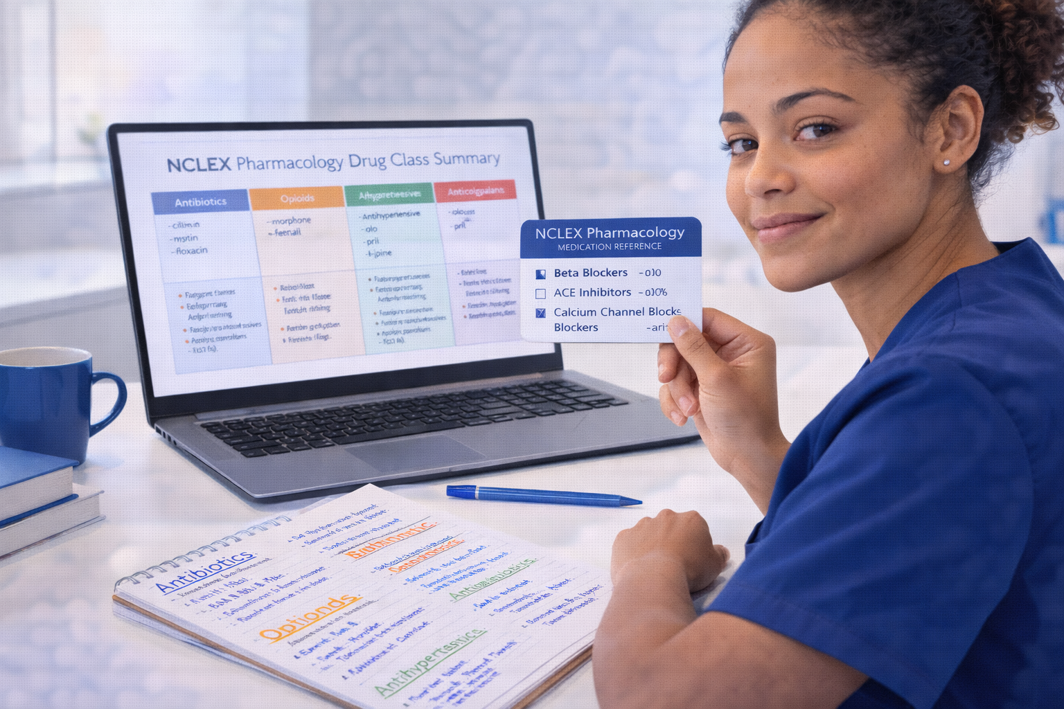 Nursing student studying NCLEX pharmacology with drug class charts, reference cards, and organized notes in 2026