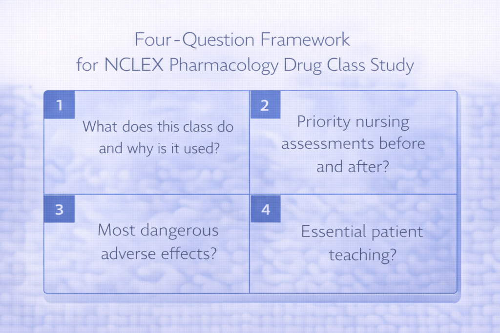 Four-question drug class study framework graphic for mastering NCLEX pharmacology by class rather than individual drugs