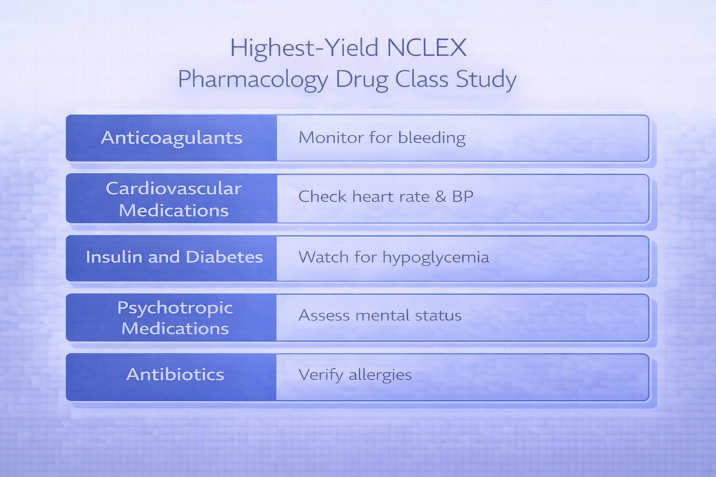 Five highest-yield NCLEX pharmacology drug classes shown in blue cards with key safety points for exam prep 2026