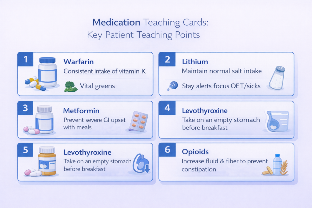 Six drug class patient teaching priority cards for NCLEX pharmacology covering warfarin lithium and other key medications