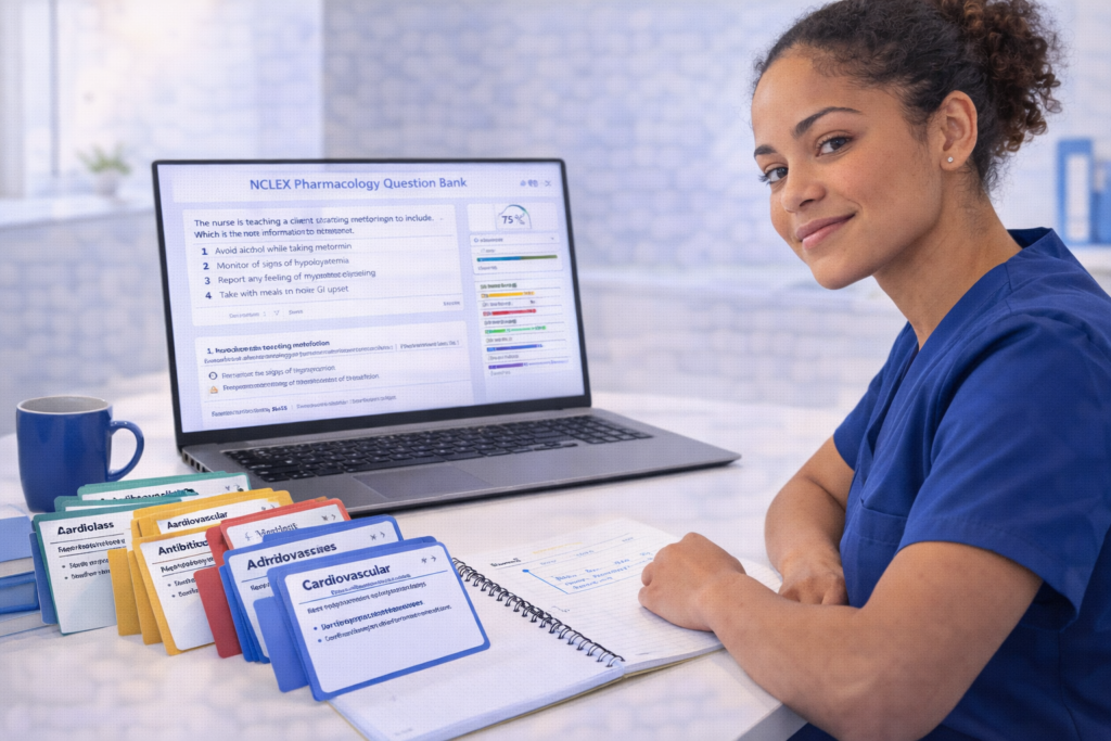 Confident nursing student with organized NCLEX pharmacology study system including drug class cards and question bank in 2026