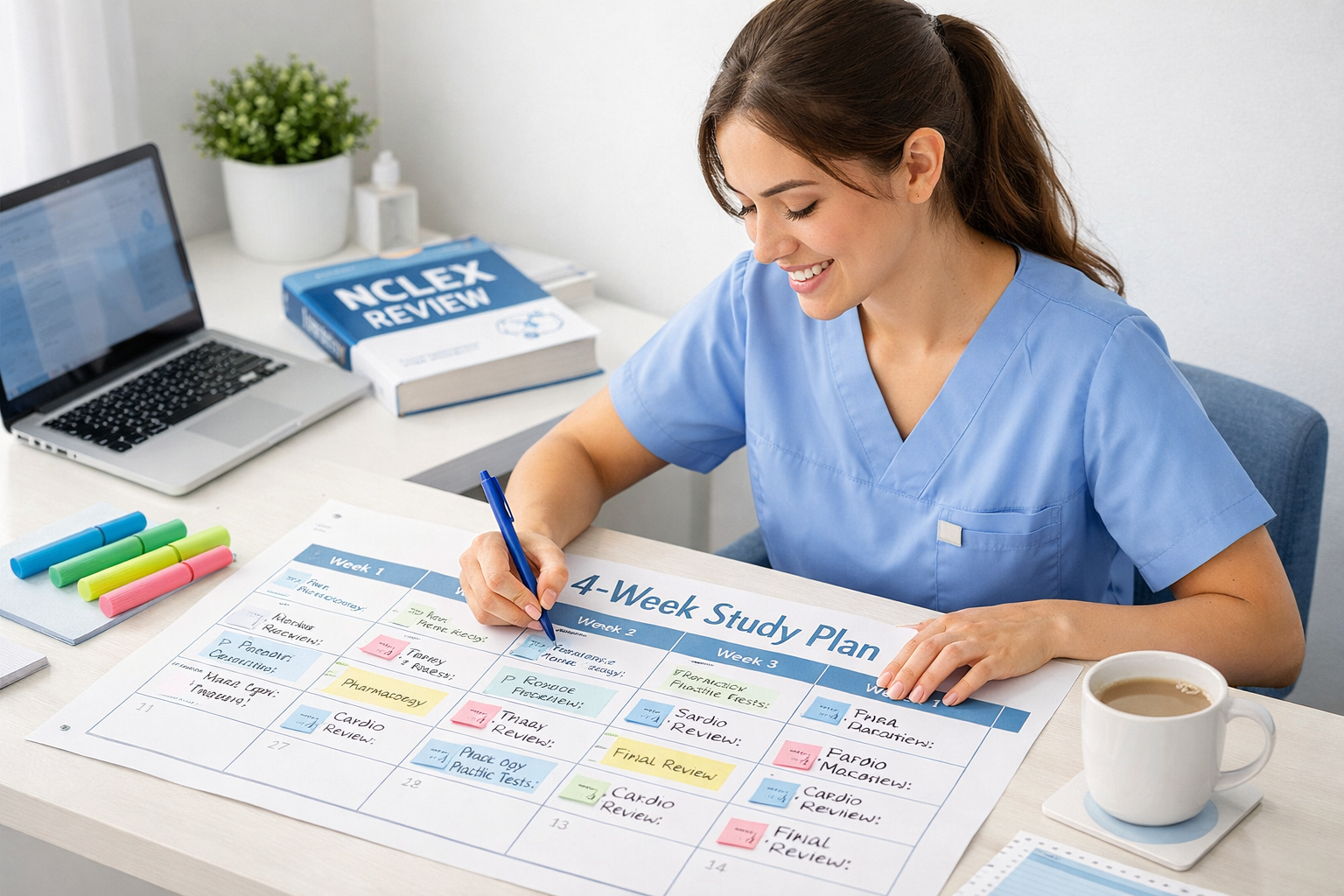 Nursing student building a structured NCLEX study plan with a four-week calendar and study materials in 2026