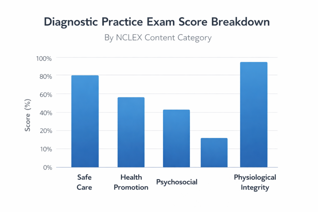 Diagnostic practice exam score breakdown used to build a targeted NCLEX study plan by content category