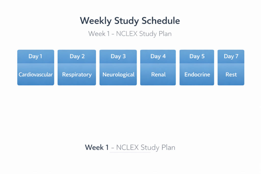 Week 1 day-by-day schedule for a structured NCLEX study plan covering high-yield body systems in 2026