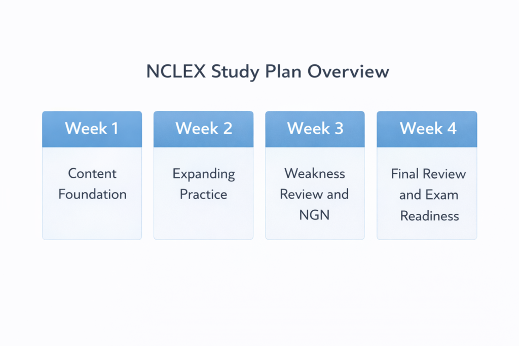 Four-week NCLEX study plan overview timeline showing progression from content review to exam readiness in 2026