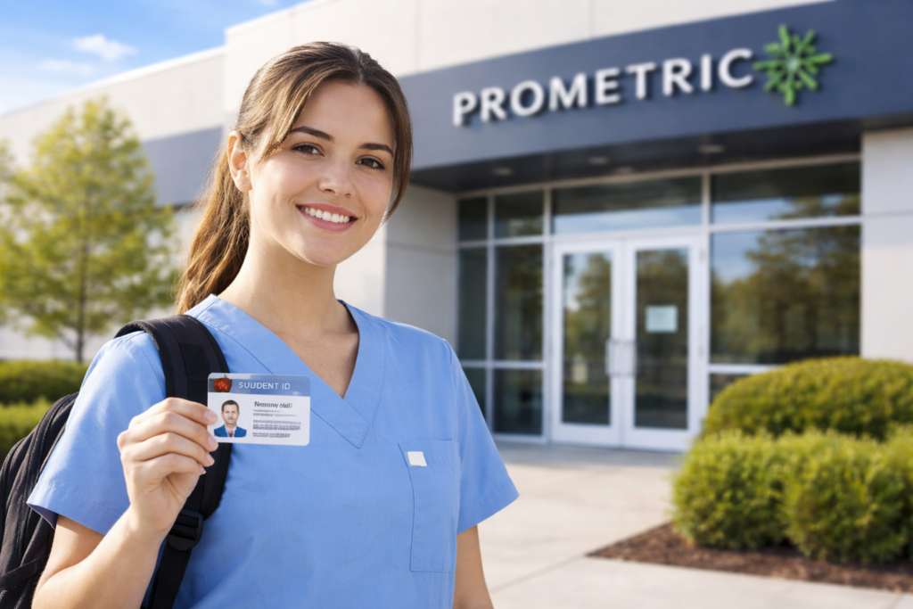 Confident nursing student outside a testing center after completing a structured NCLEX study plan in 2026