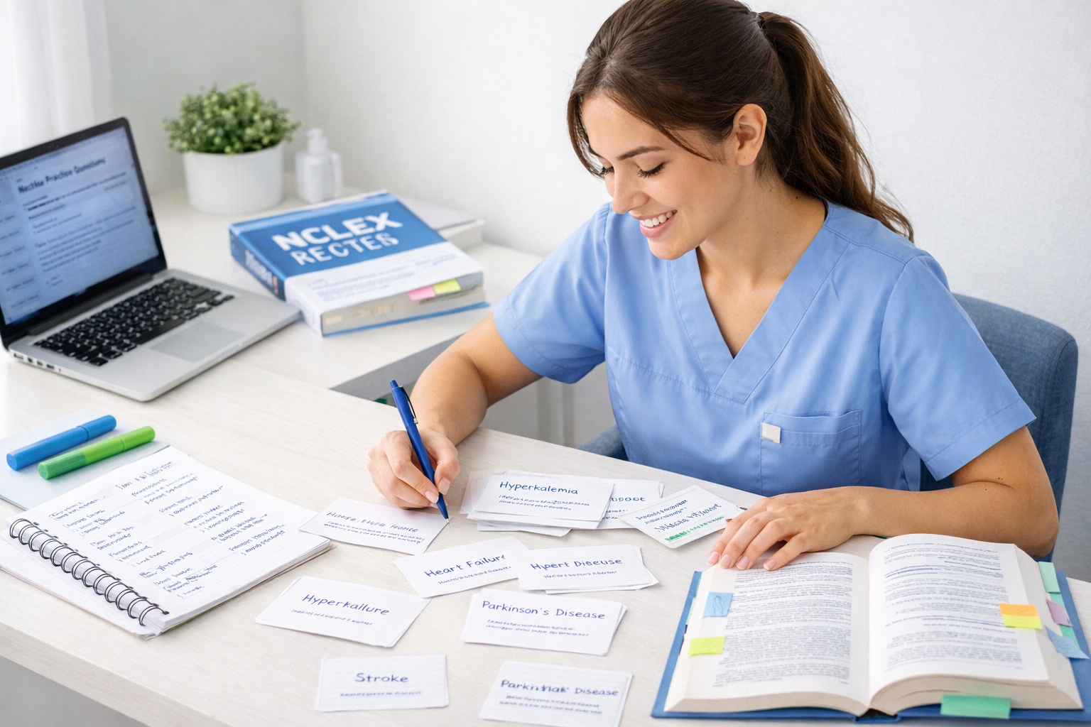 Nursing student using multiple NCLEX study techniques at an organized desk with flashcards and laptop in 2026