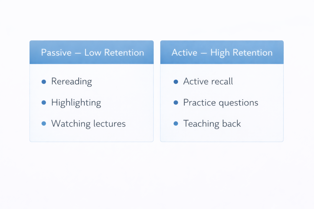 Comparison of passive versus active NCLEX study techniques showing retention differences for nursing students