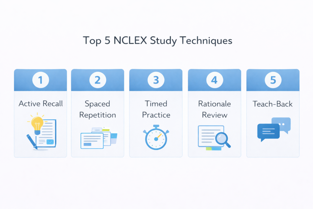 First five proven NCLEX study techniques illustrated in numbered blue cards for nursing student exam prep 2026